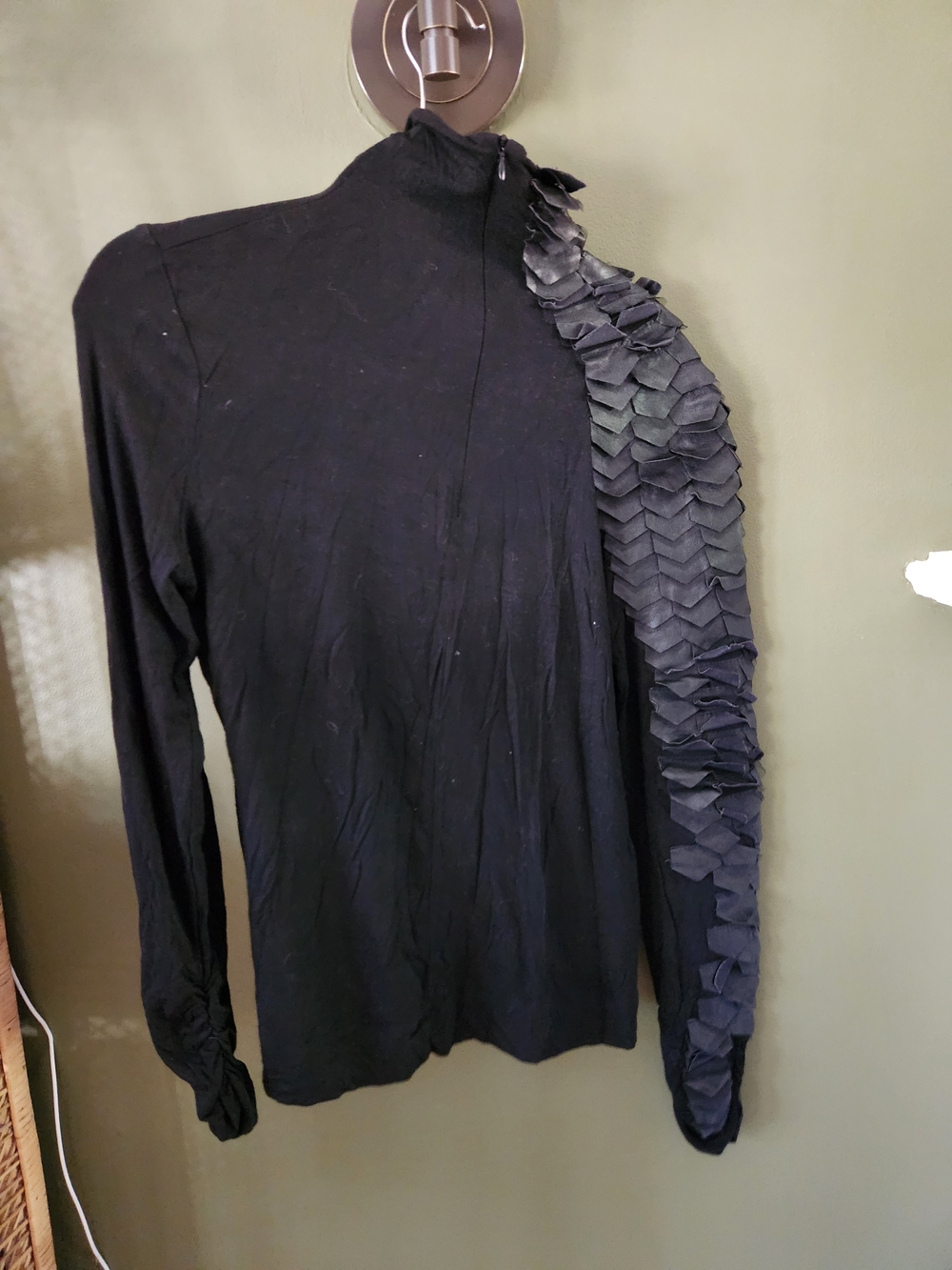 Black Garcia Long Sleeves Top with Faux Leather Scale Sleeve